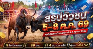 วัวชนสองตัวประจันหน้ากันกลางสนามดินภาคใต้ ภาพปกสรุปโปรแกรมวัวชน 5–8 ตุลาคม 2569