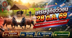 วัวชนภาคใต้ยืนในคอกไม้ข้างแปลงหญ้า มีผู้เลี้ยงกำลังหาบหญ้าสดเข้าคอก