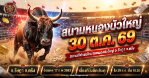 ลานชนโคดินทรายล้อมด้วยเหล็กกั้นและอัฒจันทร์คนดูที่สนามวัวชนหนองบัวใหญ่ ตรัง